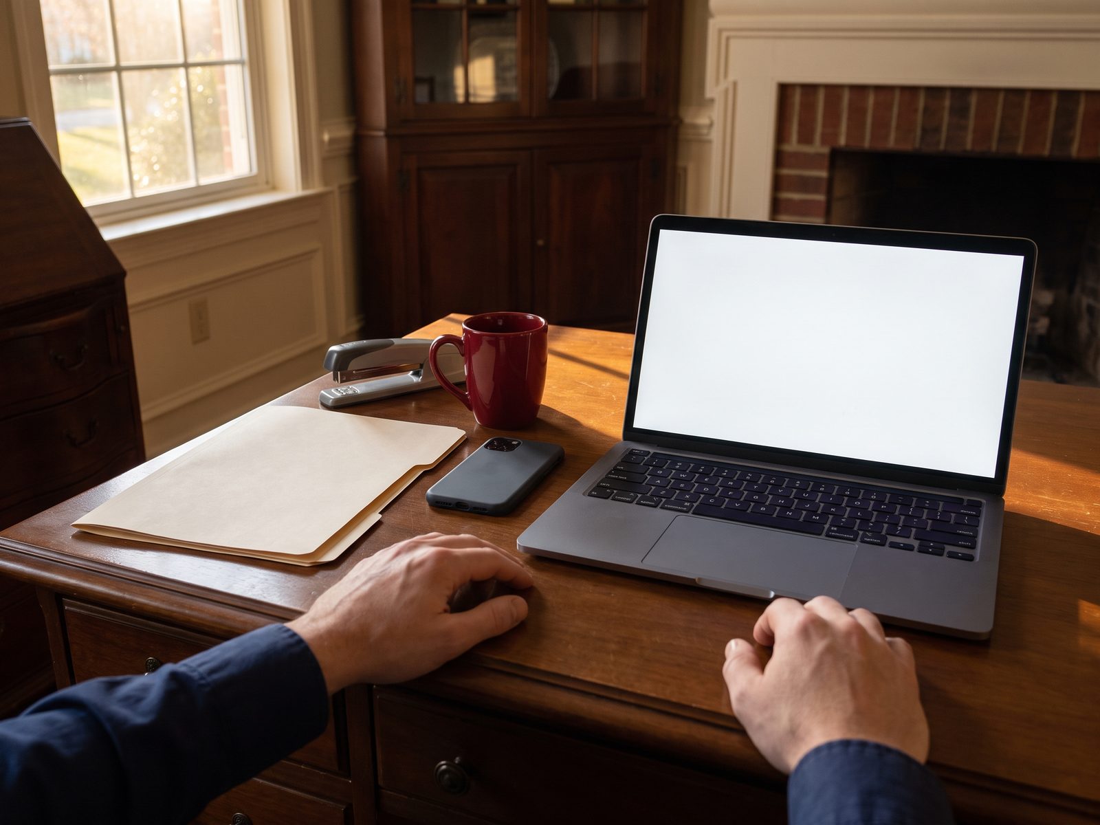 Laptop open to a blank email window beside a printed claim folder and a phone on a home office desk.