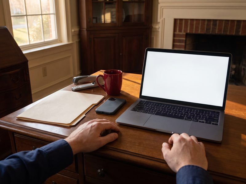 Laptop open to a blank email window beside a printed claim folder and a phone on a home office desk.