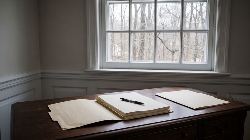 Open claim folder of blank pages and a pen on a desk by a winter window, where insurance claim response deadlines run.