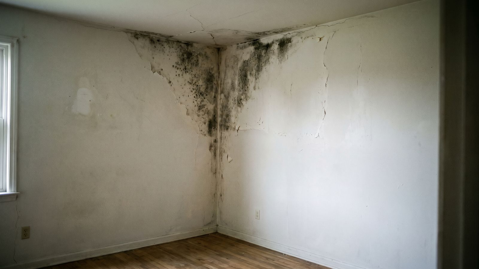 Black mold fanning down from the ceiling line across both walls of an empty room corner with a hardwood floor