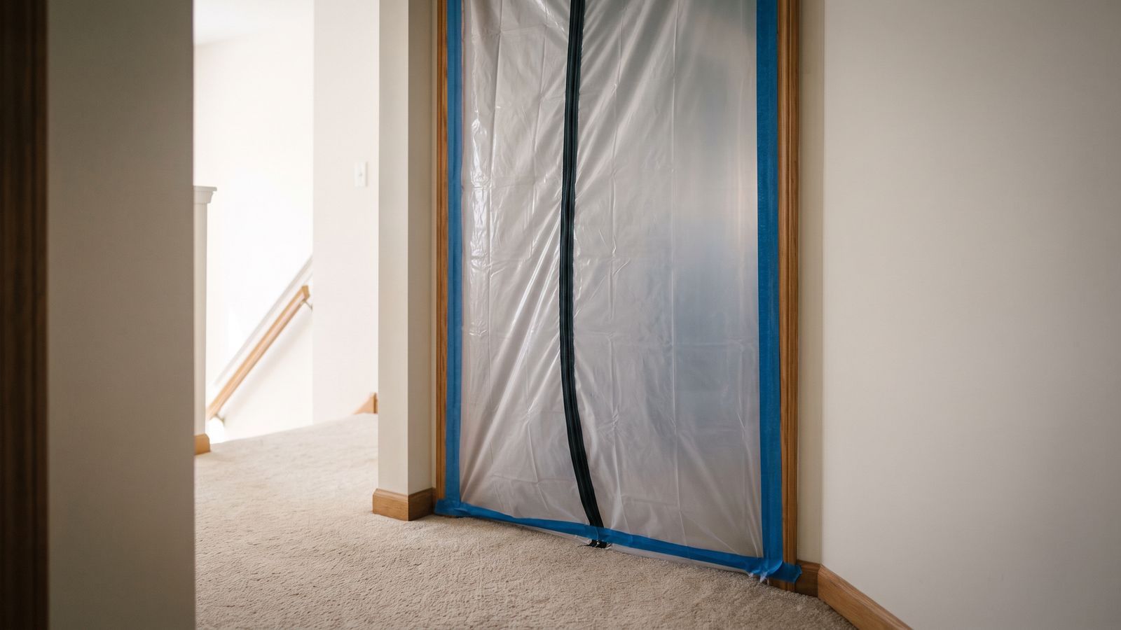 Plastic sheeting taped over a doorway with a zippered entry, the containment used for professional black mold removal