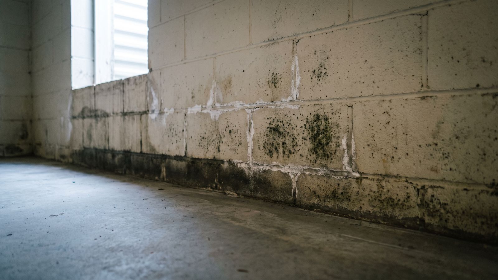 Mold and efflorescence on a damp block basement wall Green-black mold and white efflorescence along the damp base of a painted block foundation wall in a basement