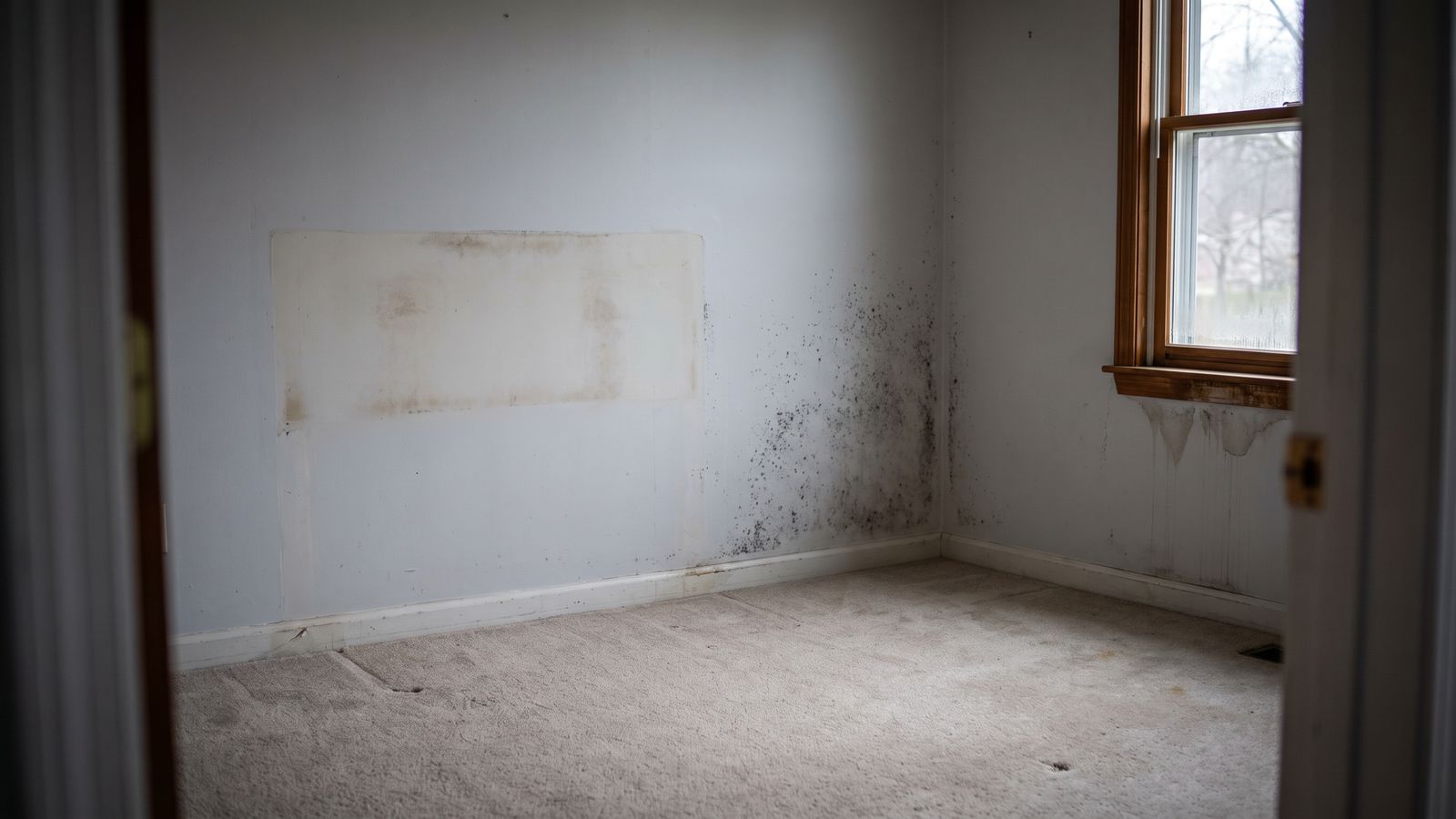 Black mold in a bedroom corner below a wet window Black mold spreading up the corner of an emptied bedroom wall below a condensation-stained window