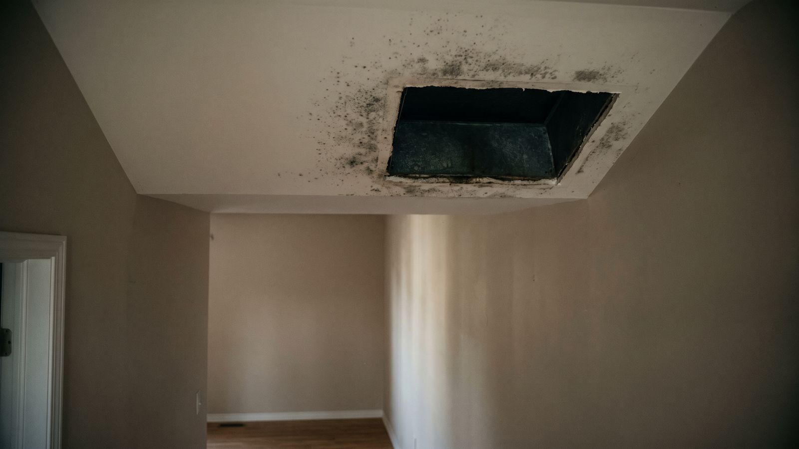 Mold around an open ceiling supply duct boot Mold staining fanning across a ceiling around an open supply duct boot where the register was removed