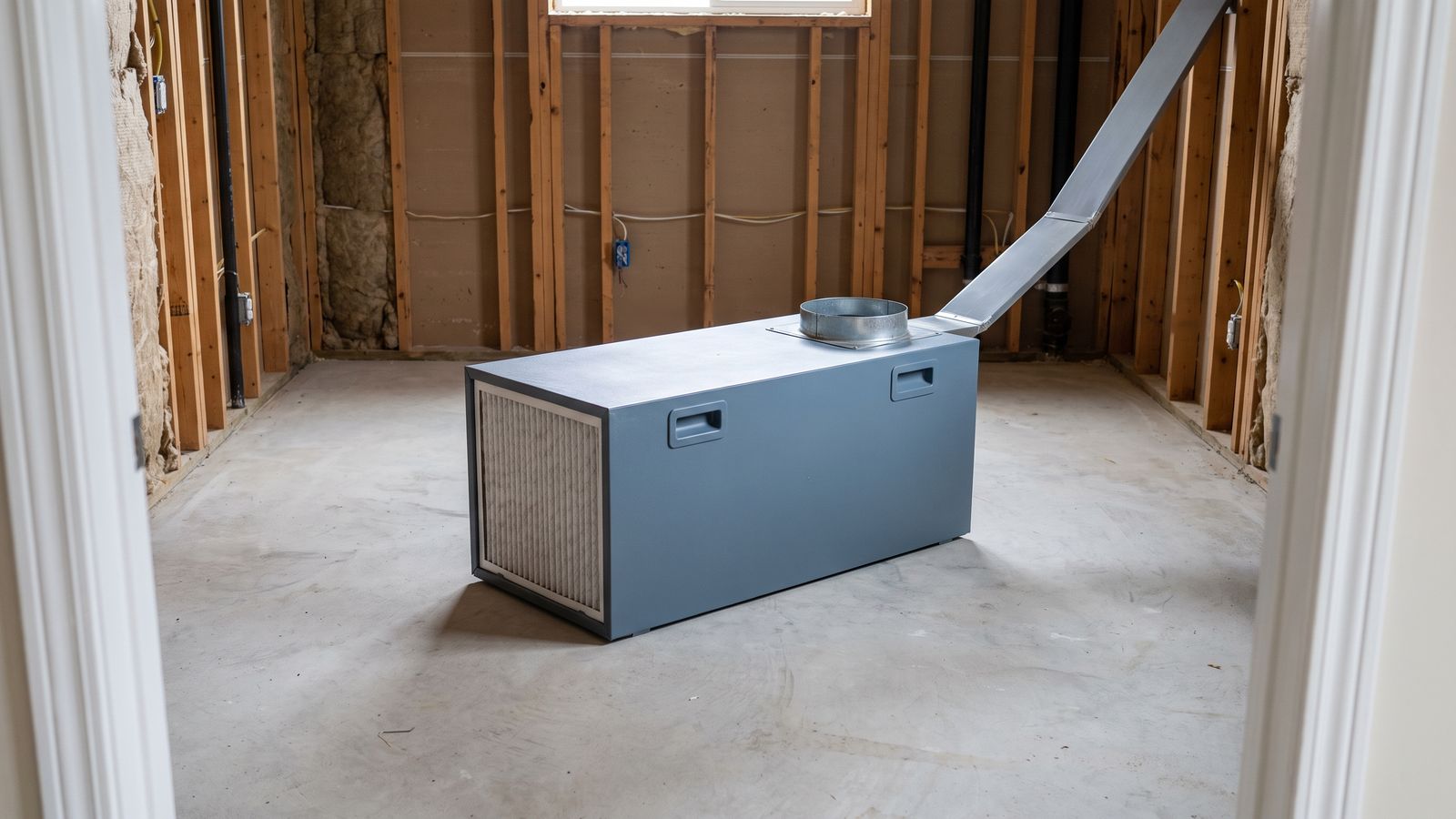 Ducted air filtration unit in a stripped basement Air filtration unit on the slab of a basement stripped to bare studs after mold-damaged drywall removal