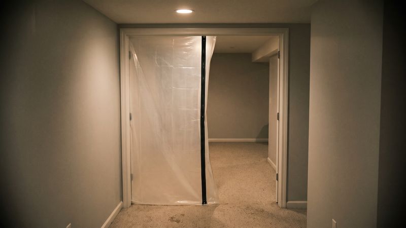 Plastic containment sheeting hung across a basement doorway, the barrier used when living in a house with mold