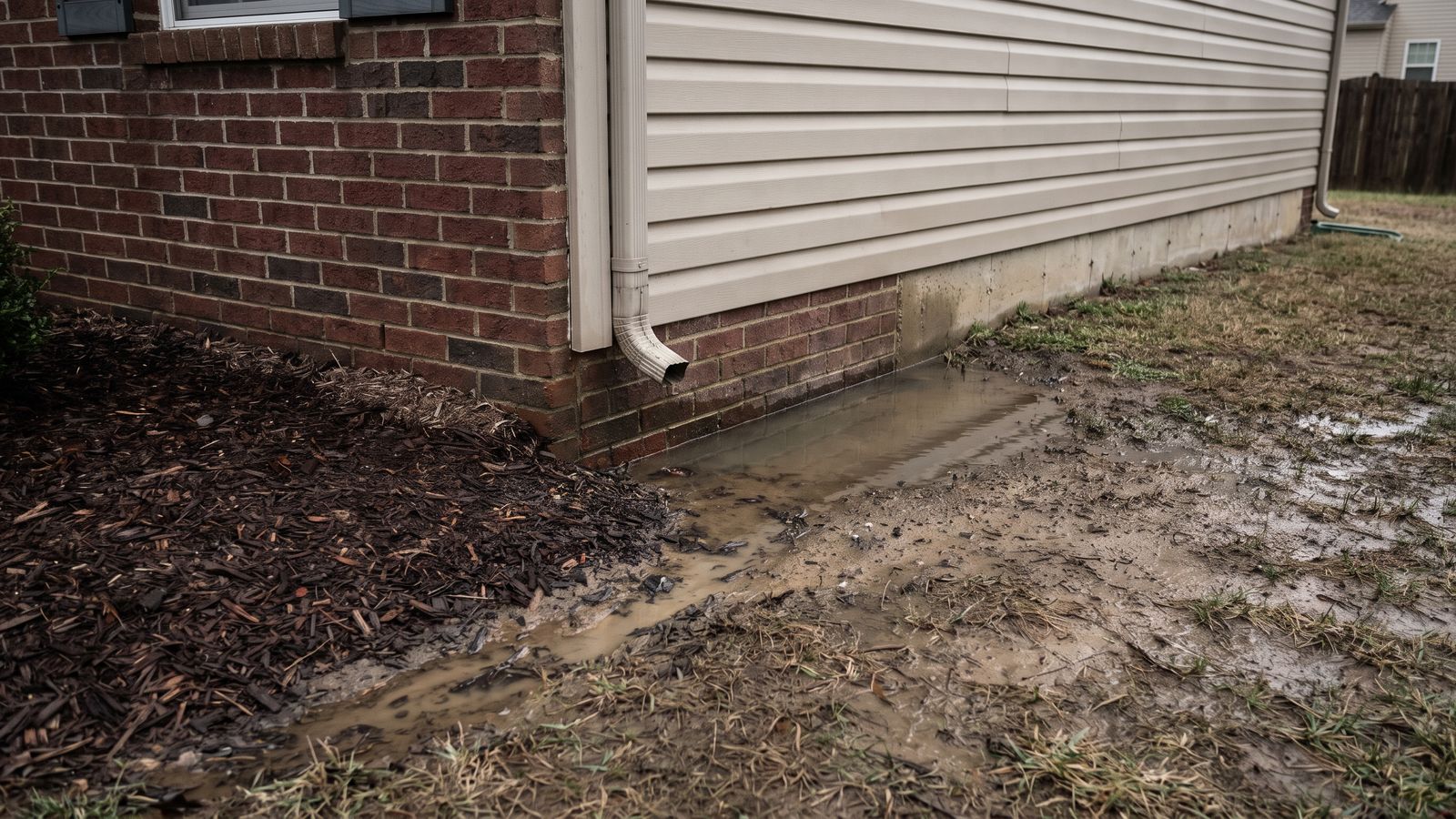 Downspout discharging against a house foundation Downspout discharging at a brick foundation with water pooled along the wall, the moisture source mold testing ignores.