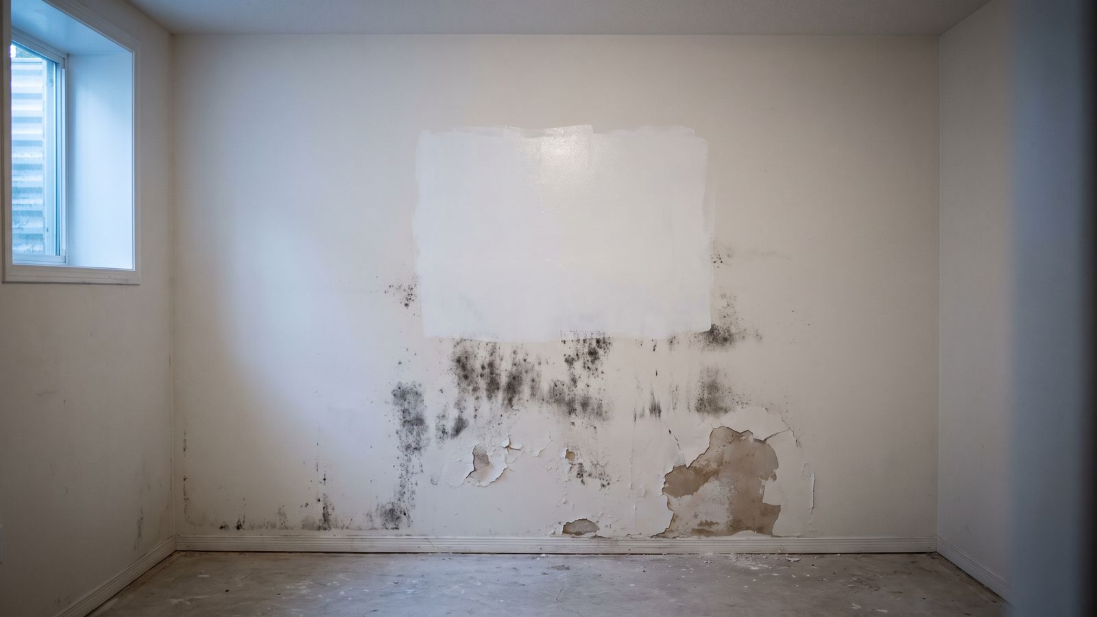 Mold returning below a painted-over wall patch Mold bleeding back below a repainted patch on a lower-level wall, regrowth no mold testing result would have stopped.