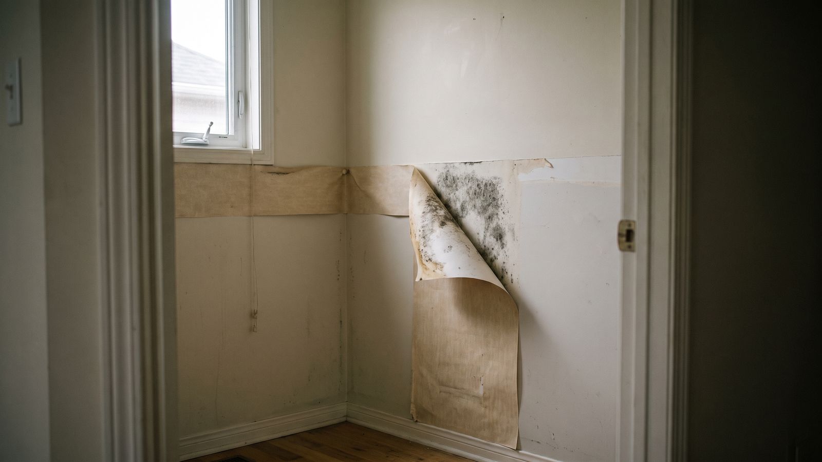 Wallpaper peeled back from a gray-black mold bloom Vinyl wallpaper curled away from drywall in an empty room, exposing a gray-black mold bloom no mold testing could miss.