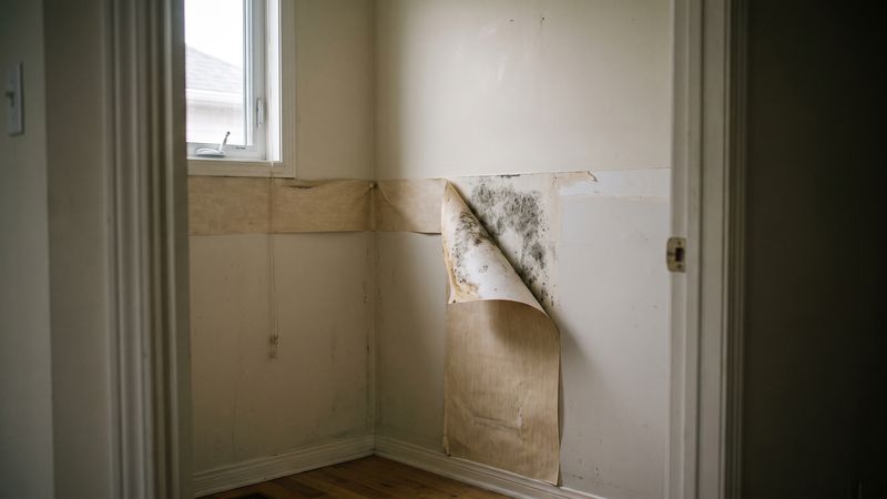 Vinyl wallpaper curled away from drywall in an empty room, exposing a gray-black mold bloom no mold testing could miss.