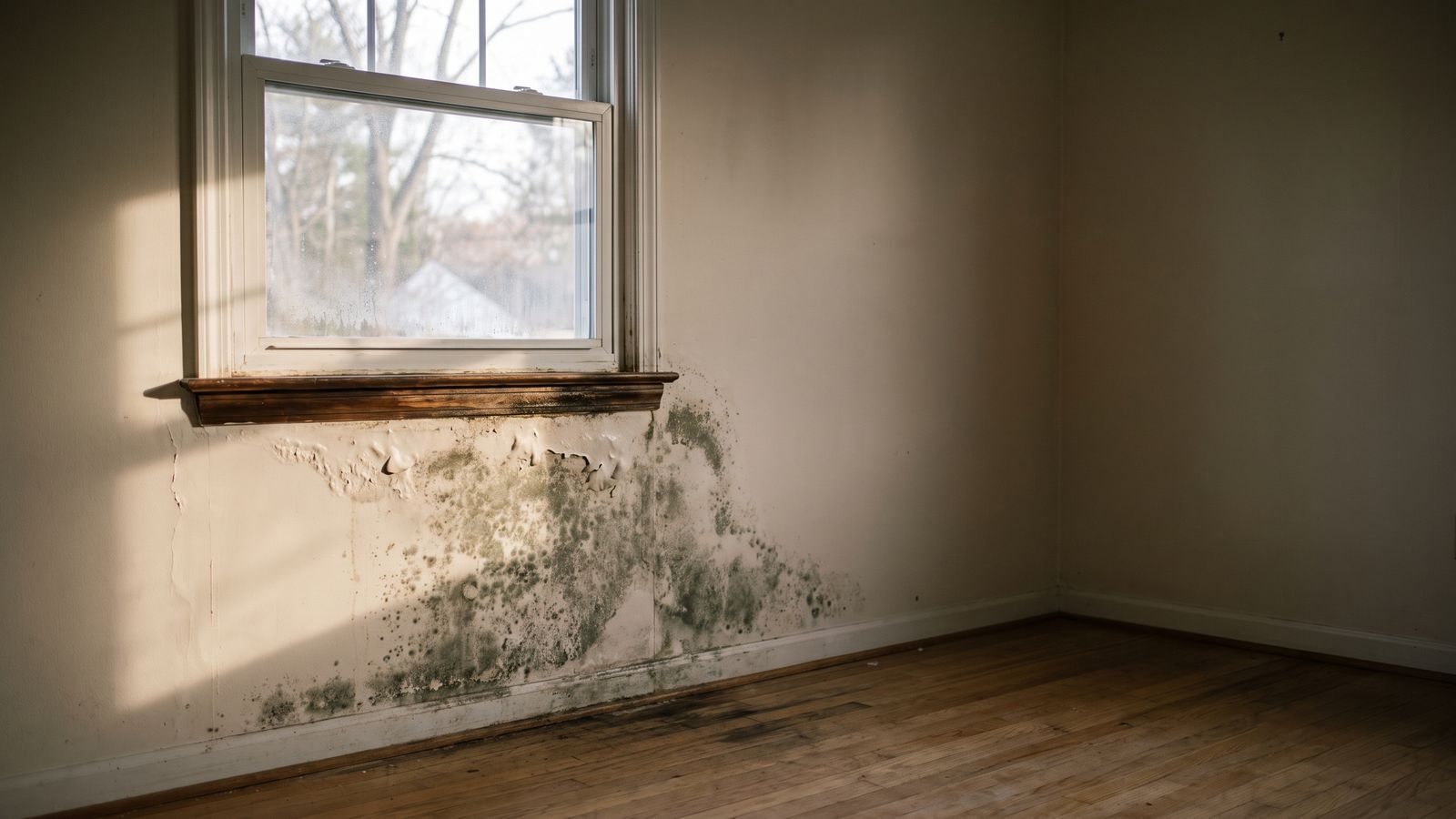 Mold below a leaking window sill on drywall Gray-green mold spreading down drywall below a swollen window sill, an obvious leak where mold testing changes nothing.