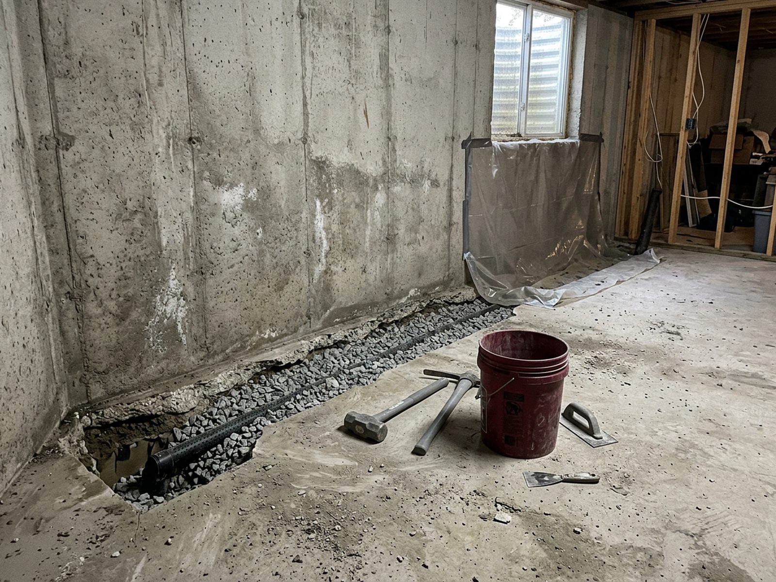 Basement slab opened along the wall with a perforated drain pipe bedded in gravel for an interior perimeter drain.