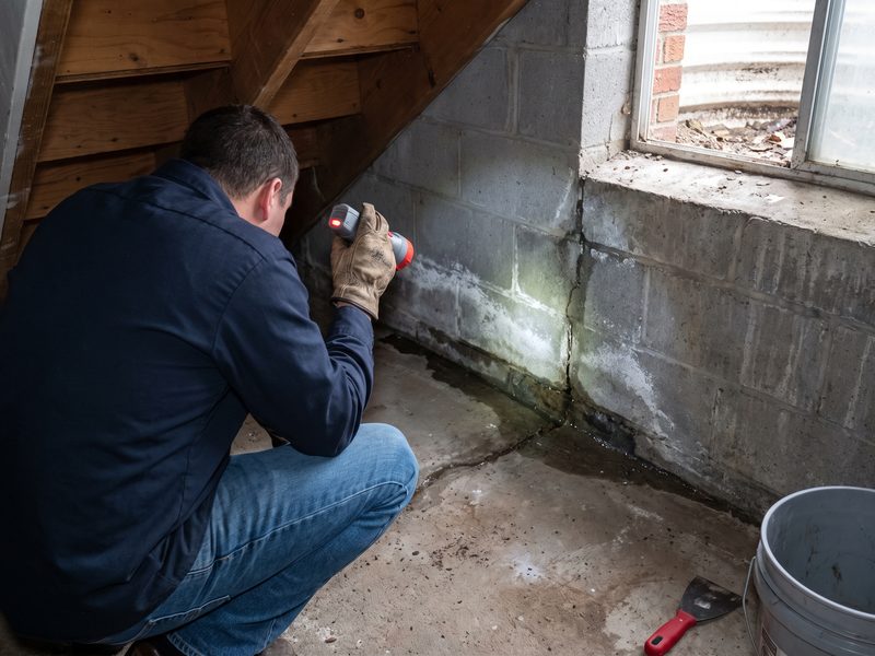 Thin line of water tracking along the wall-to-slab joint of a basement with white efflorescence on the wall above.