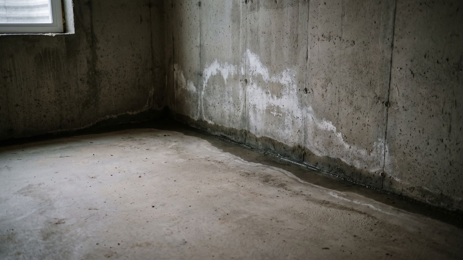 Basement water seeping along the wall-to-slab joint of a bare poured-concrete wall, with chalky white efflorescence above.