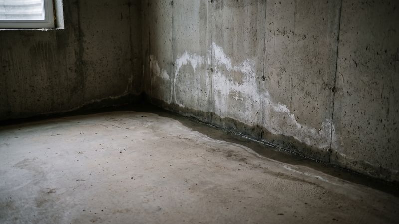 Basement water seeping along the wall-to-slab joint of a bare poured-concrete wall, with chalky white efflorescence above.