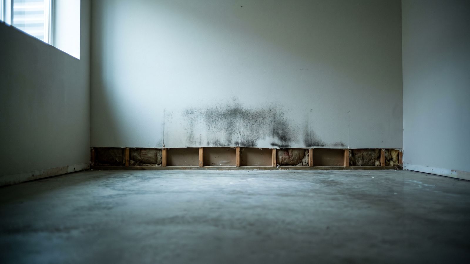 Mold above a flood cut in a basement wall Black mold spreading up basement drywall above a flood cut, showing how fast mold grows after water damage