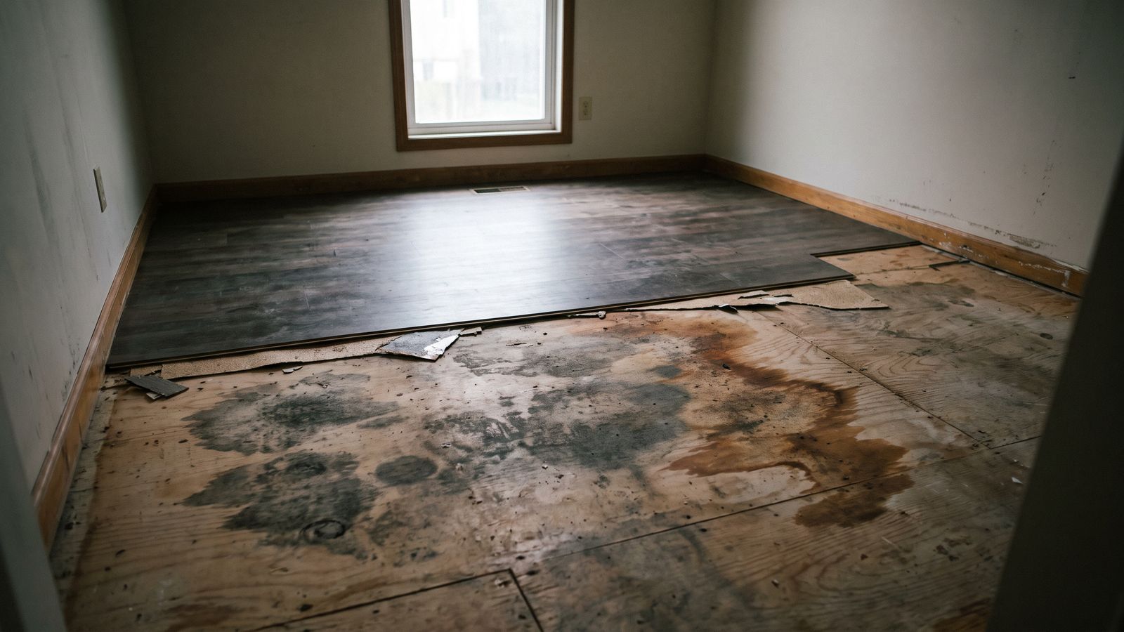 Mold on a subfloor under lifted flooring Plank flooring lifted to expose a plywood subfloor blotched with mold, where mold grows out of sight after water damage