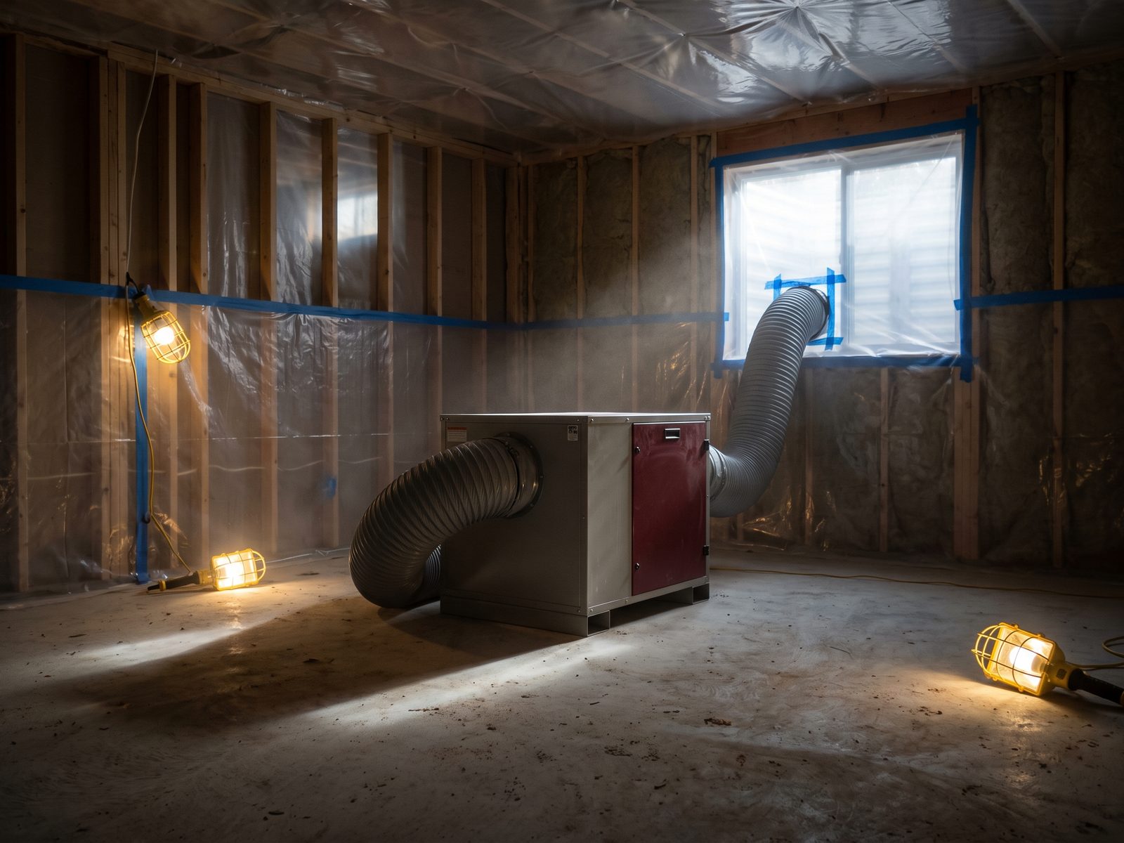 HEPA scrubber ducted from inside a containment chamber HEPA air scrubber ducted to the exterior inside a sheeted containment chamber with stripped wall studs behind.