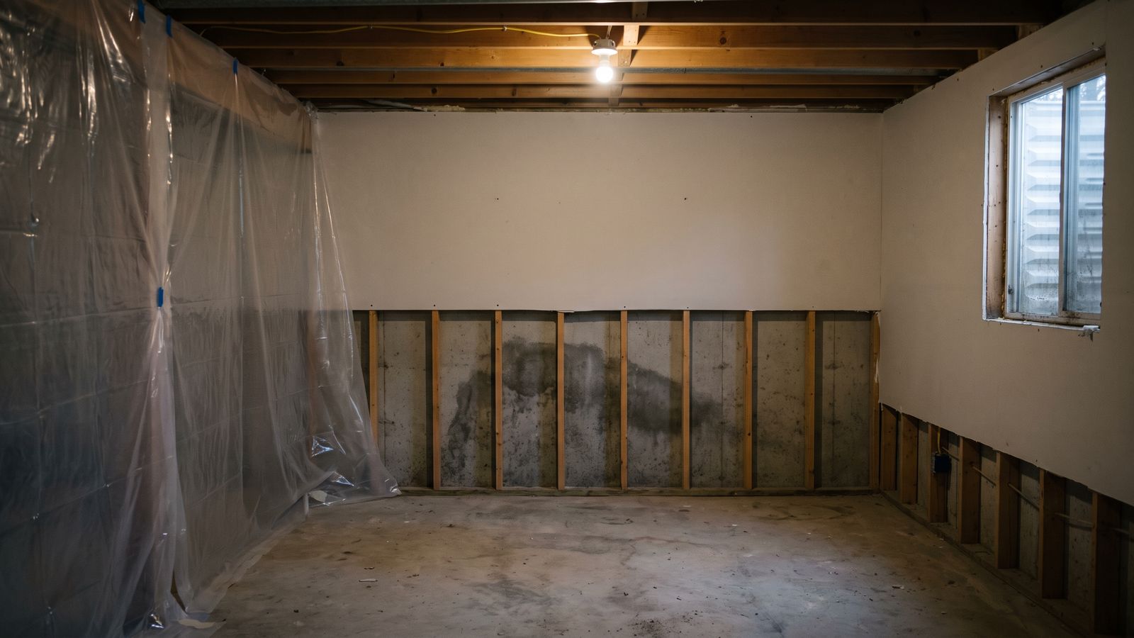Condition 3 material cut out inside a containment chamber Drywall flood cut back to the studs inside a mold containment chamber, dark staining on the block wall behind.