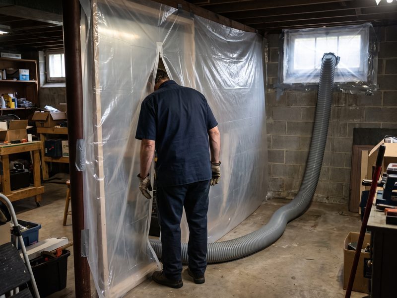 Basement doorway sealed with clear polyethylene sheeting, a technician stepping through the entry flap, with flexible ducting running along the floor to a sealed exterior window.