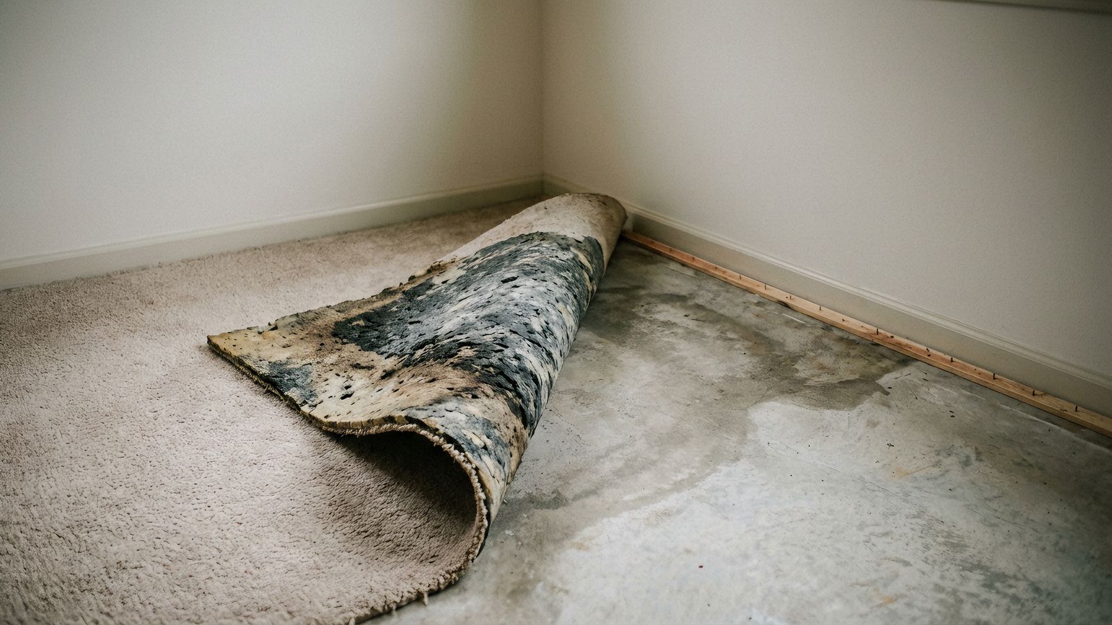 Mold on carpet padding over a damp concrete slab Carpet rolled back off a tack strip over a black-mottled pad and damp concrete, a hidden source of mold exposure symptoms