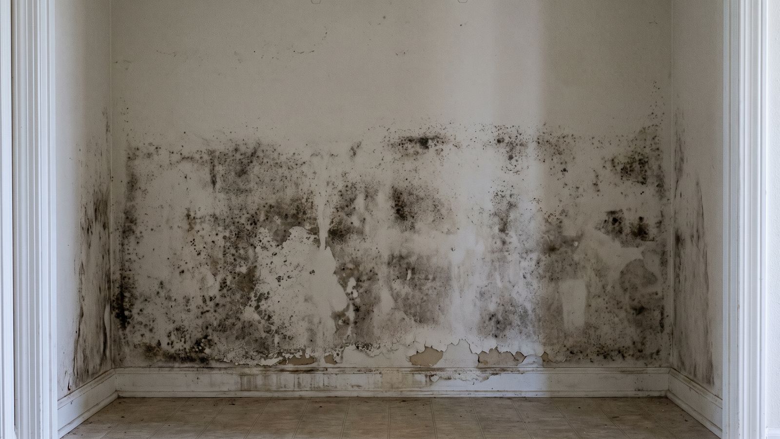 Mold spread across a full lower interior wall Mold spread across a full lower wall with the paint blistering, the scale at which mold exposure symptoms warrant a pro