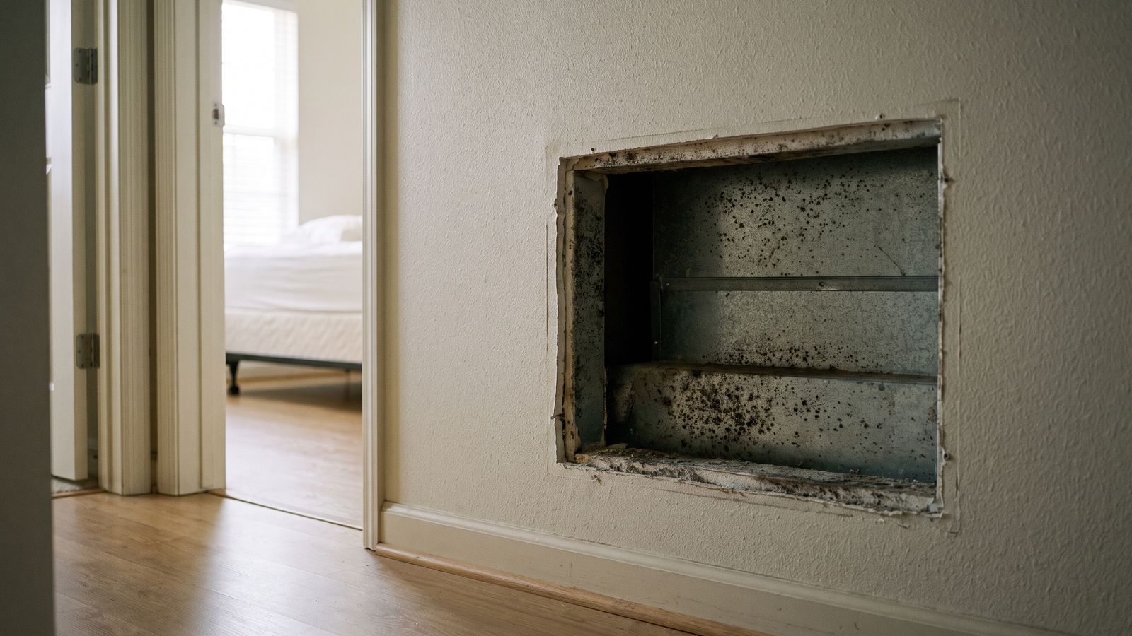 Mold inside a return-air opening in a hallway wall Dark mold speckling the bare duct metal inside a return-air opening, a hidden driver of mold exposure symptoms