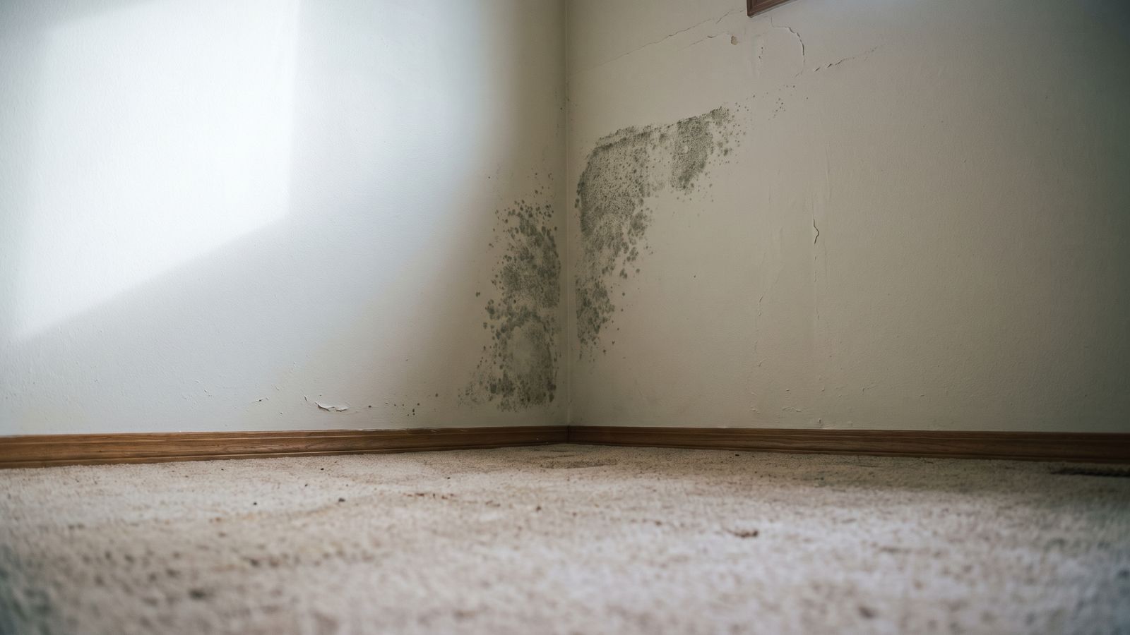Mold growth on a wall corner above the baseboard Grey-green mold blooming on the wall corner of an empty carpeted room, a visible source of mold exposure symptoms