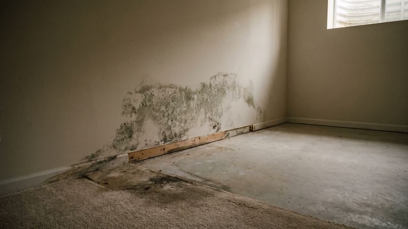 Mold spreading up finished basement drywall beside pulled-back carpet, the growth behind mold inspection vs mold testing