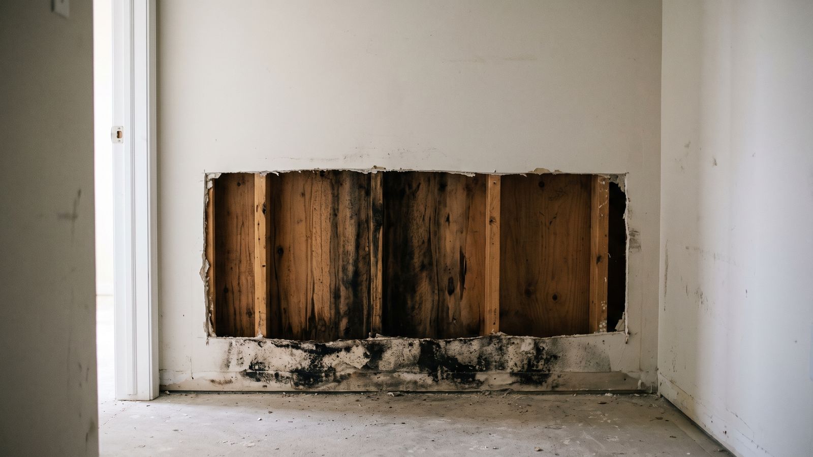 Drywall cut away to expose mold-stained studs and sheathing, the hidden damage a mold inspection traces