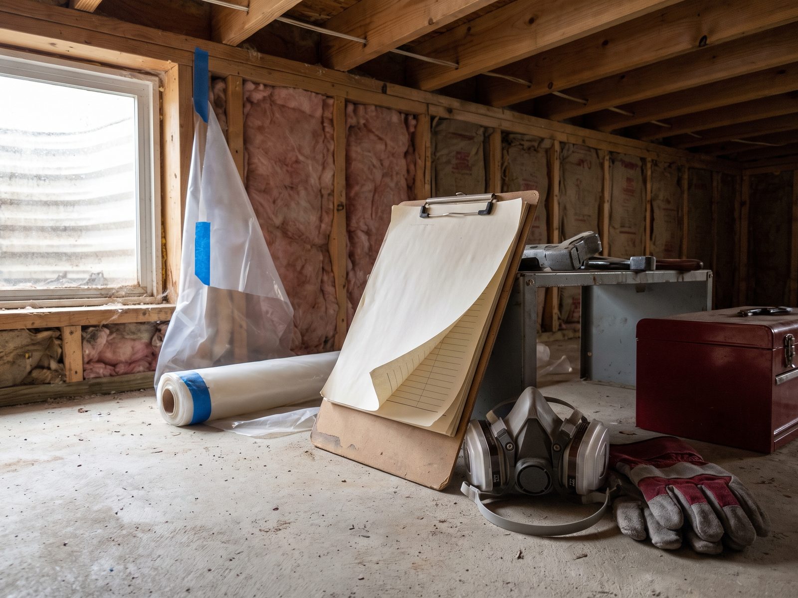 Clipboard with blank pages propped on a basement floor beside a half-face respirator, work gloves and a roll of plastic sheeting.