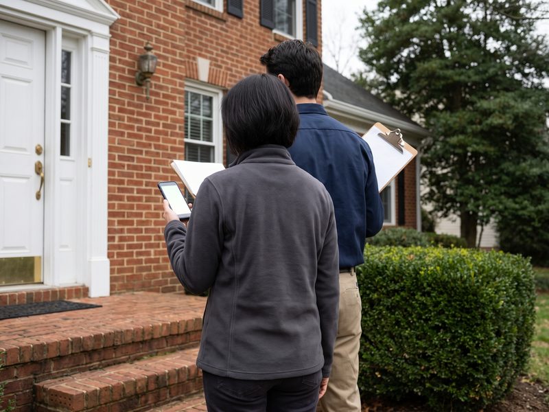 Homeowner checking something on a phone on a front step while a technician in a navy shirt waits with a clipboard.