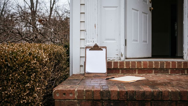 Blank clipboard pages and a plain folder waiting on the brick front steps of a Northern Virginia colonial, front door ajar.