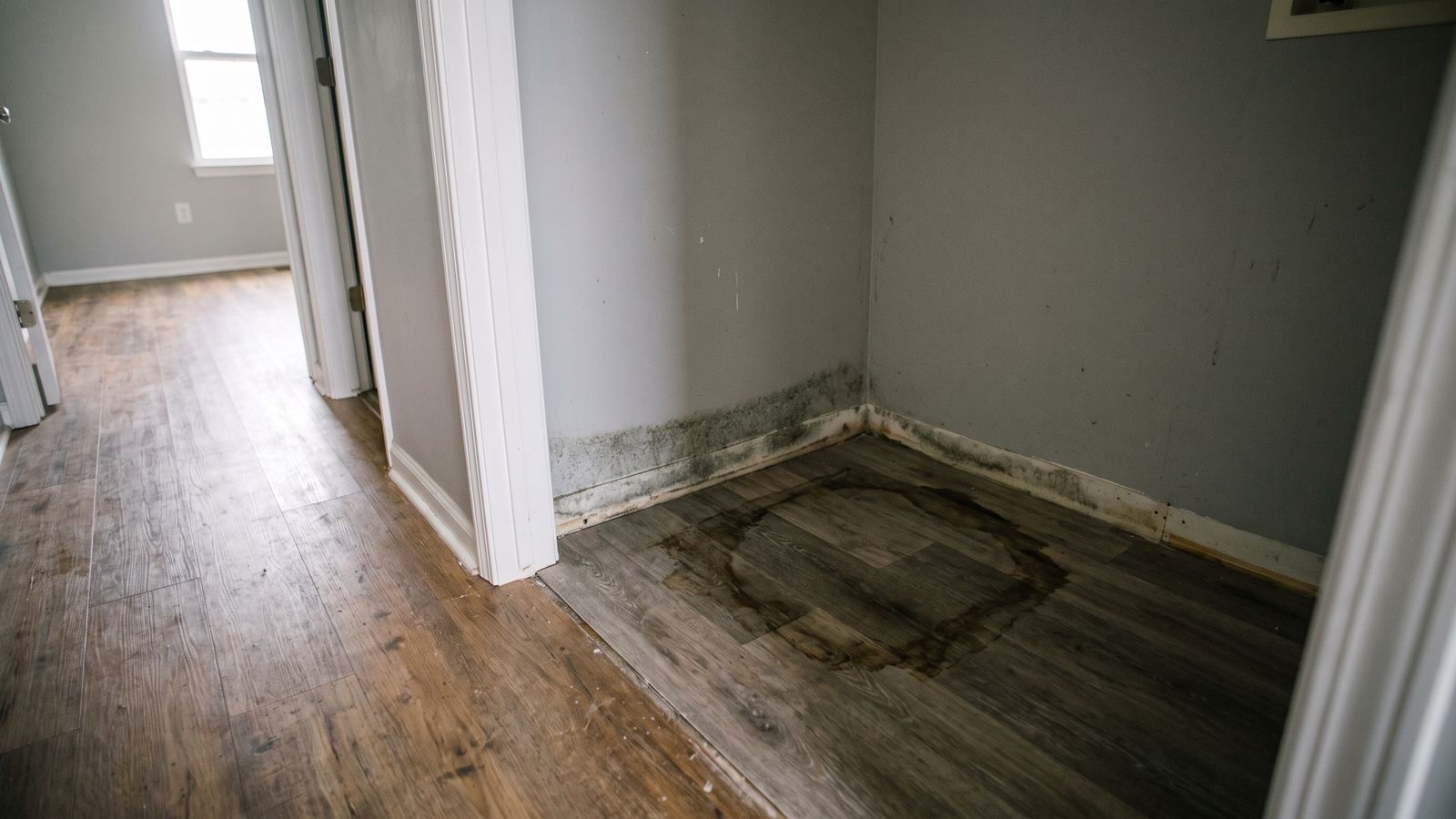 Water stain and baseboard mold in an emptied closet Dried water stain on plank flooring and mold along the baseboard above it, the area a mold remediation scope must size