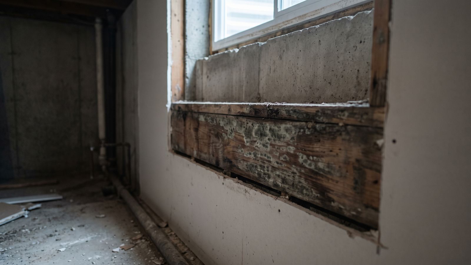 Mold on a basement sill plate behind cut-back drywall Mold on the wooden sill plate above a basement foundation wall, exposed where drywall was cut back for mold remediation