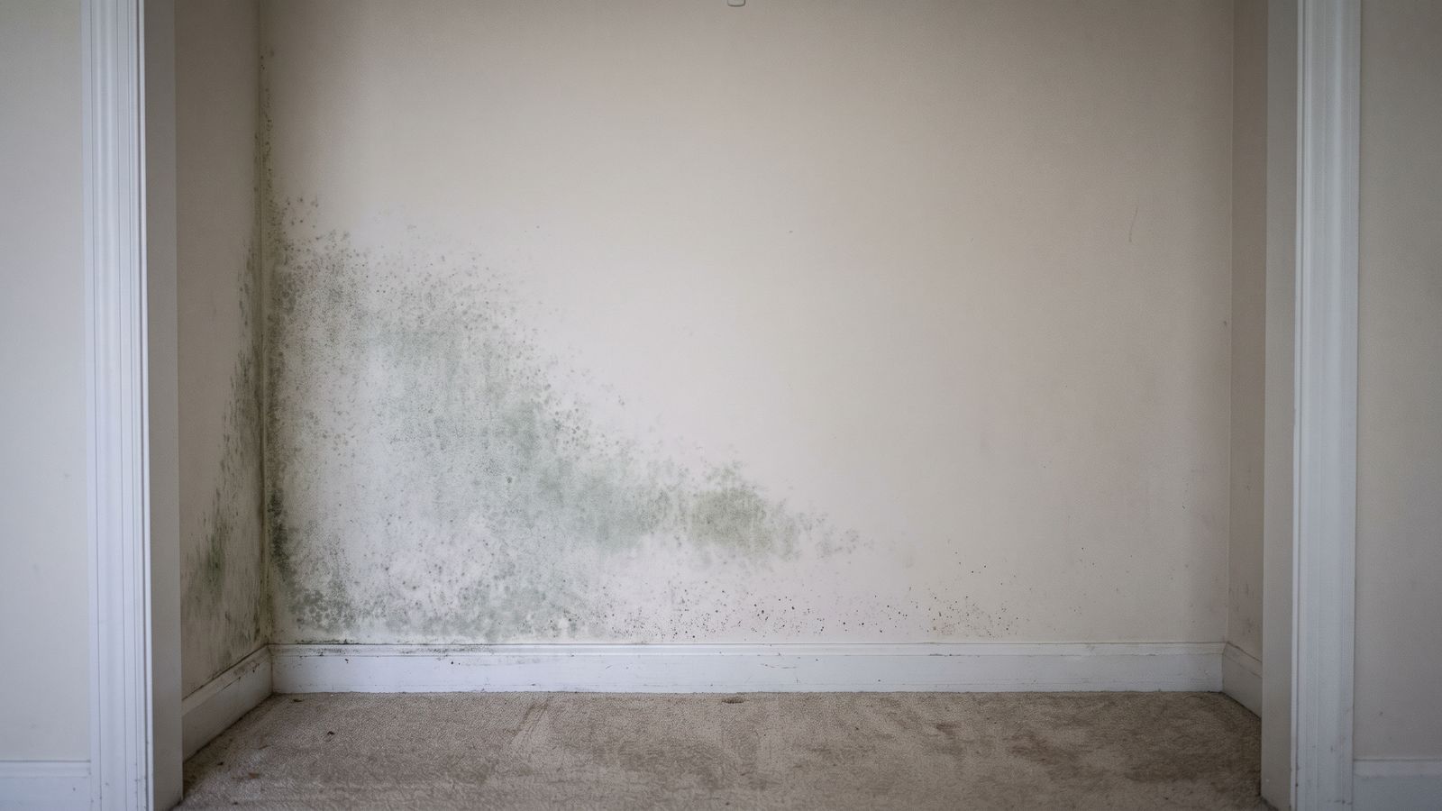 Mold bloom on an emptied closet wall Gray-green mold bloom spreading down an emptied closet wall to the carpet, the surface a mold removal wipe-down targets