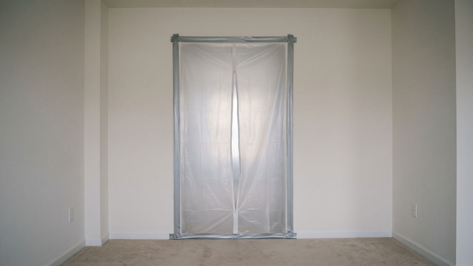 Zippered plastic containment over a doorway Doorway sealed with milky plastic sheeting and a zippered slit, the mold containment a real remediation scope names