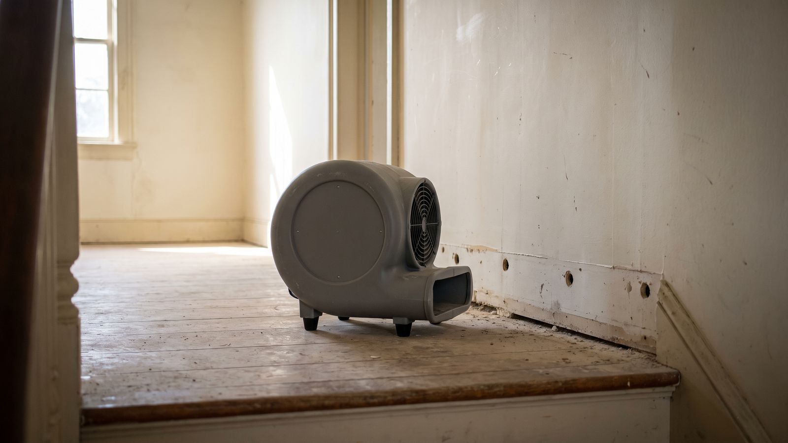 Centrifugal air mover at the wall base beside drilled weep holes, the drying step that clears musty smell after water damage