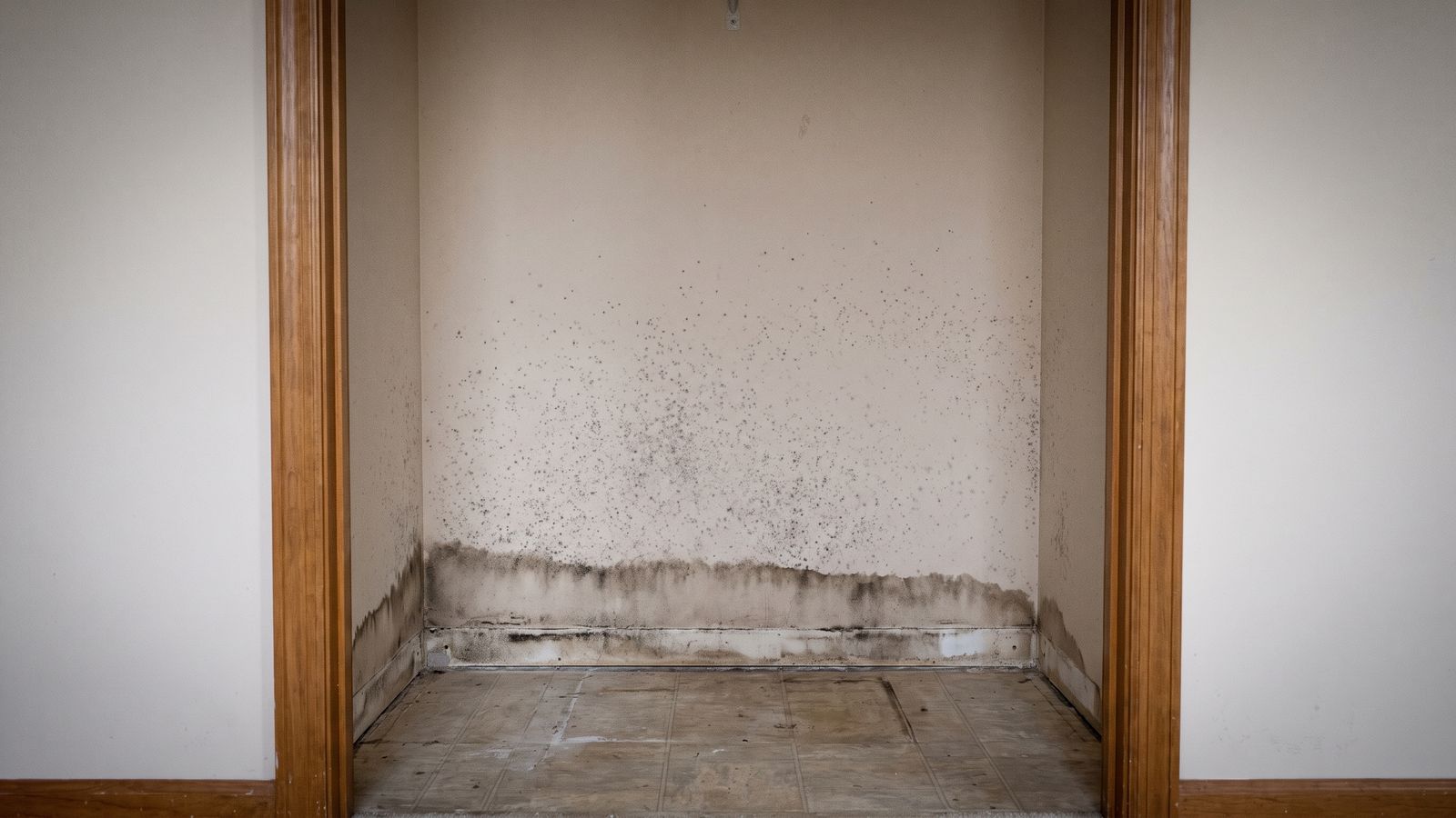 Tide line and dark speckling across closet drywall above the baseboard, a source of musty smell after water damage