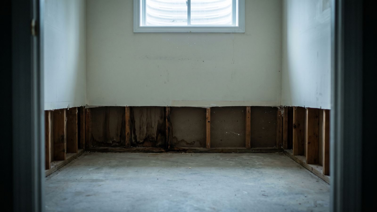 Flood cut exposing stained studs and a dark bottom plate in a basement, the source of musty smell after water damage