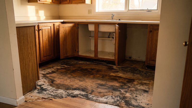 Stained plywood subfloor exposed under lifted kitchen flooring, a common source of musty smell after water damage