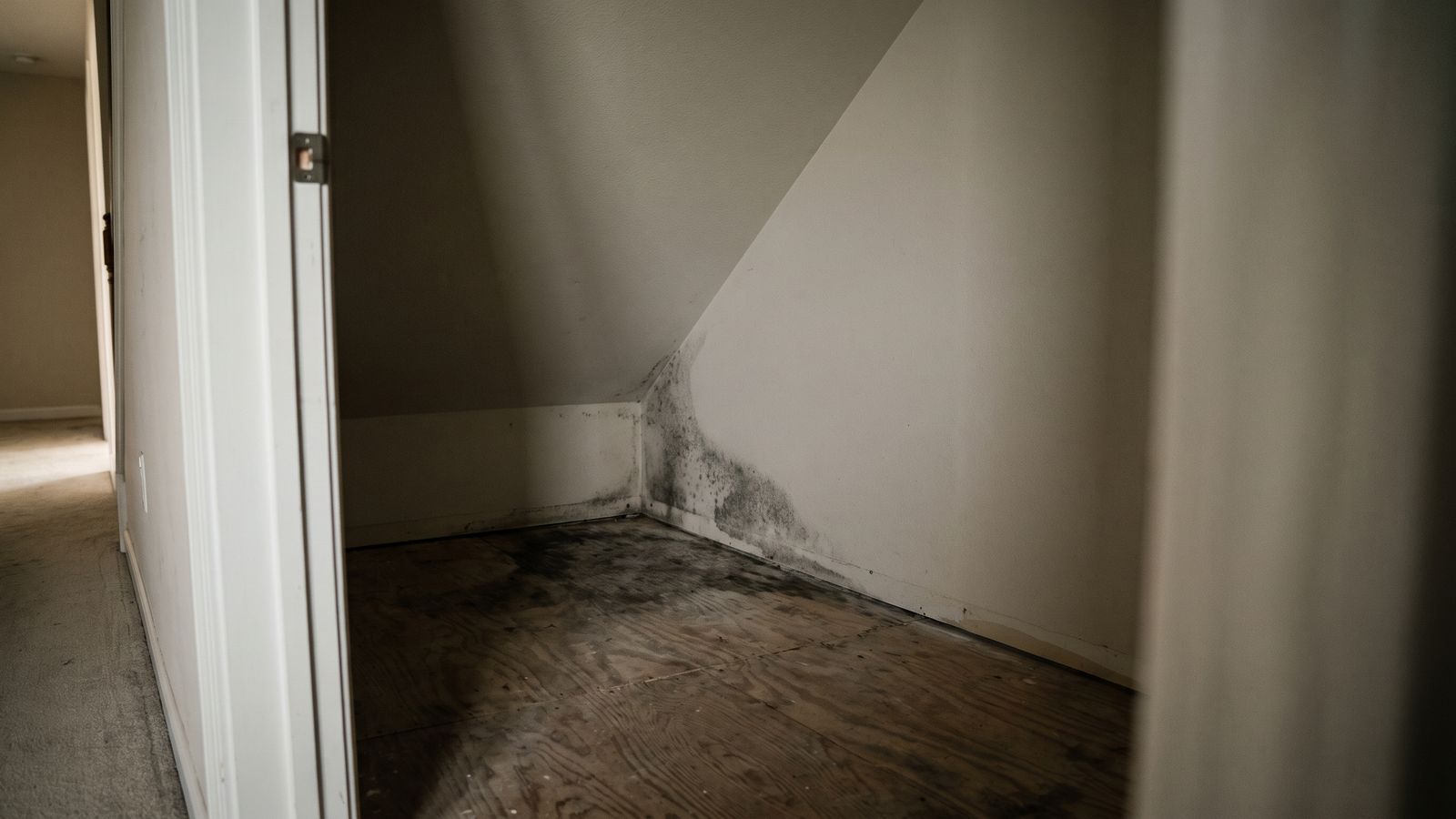 Dark staining on the plywood floor and lower wall of an under-stair closet behind a musty smell after water damage