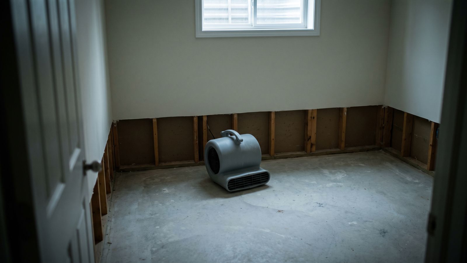 Air mover on a slab beside a flood cut Snail-shell air mover on a bare slab beside a two-foot flood cut, the structural drying stage of the repair.