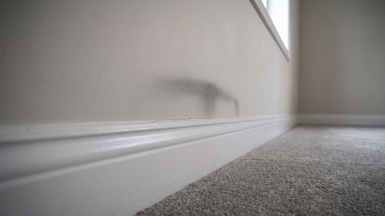 Damp shadow and hairline gap above a baseboard Faint damp shadow and a hairline gap where painted drywall meets a white baseboard, an early musty smell clue.
