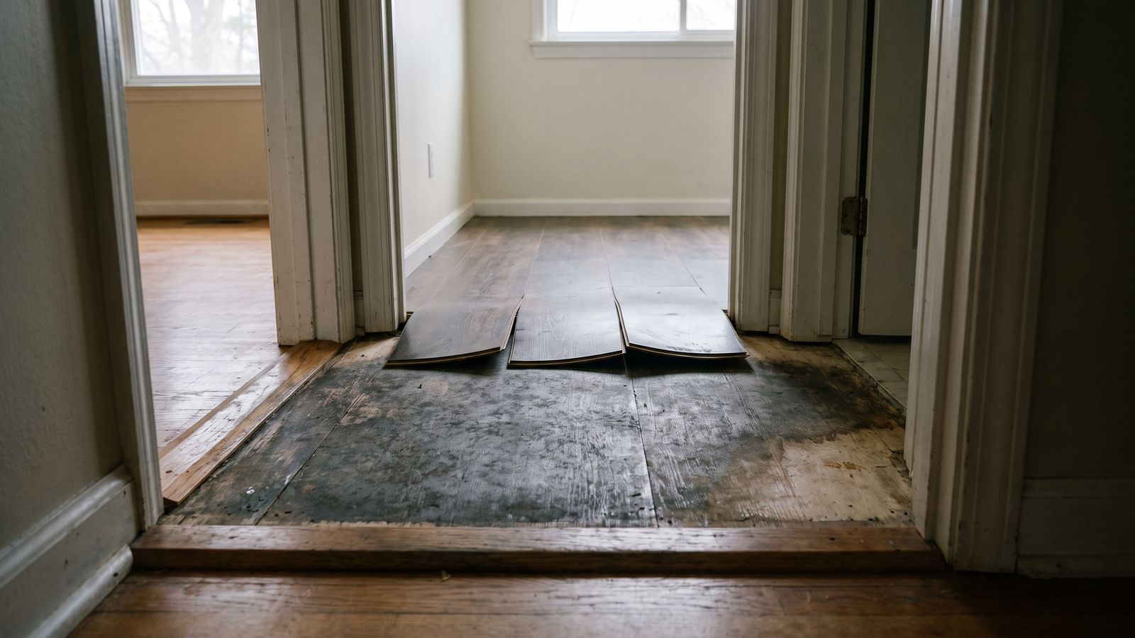 Lifted laminate planks over a stained subfloor Lifted laminate planks at a doorway threshold expose a dark, mottled subfloor, a classic hidden mold location.