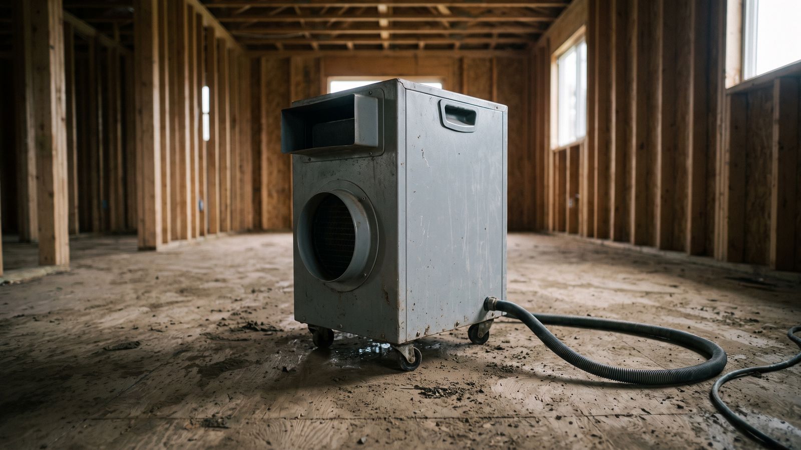 A dehumidifier running on a flood-affected subfloor A single portable dehumidifier on a debris-covered subfloor, drain hose connected, in a wood-framed room.