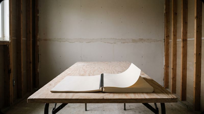 A spiral-bound document lies open on a plywood folding table in a wood-framed room with a wall tide line.