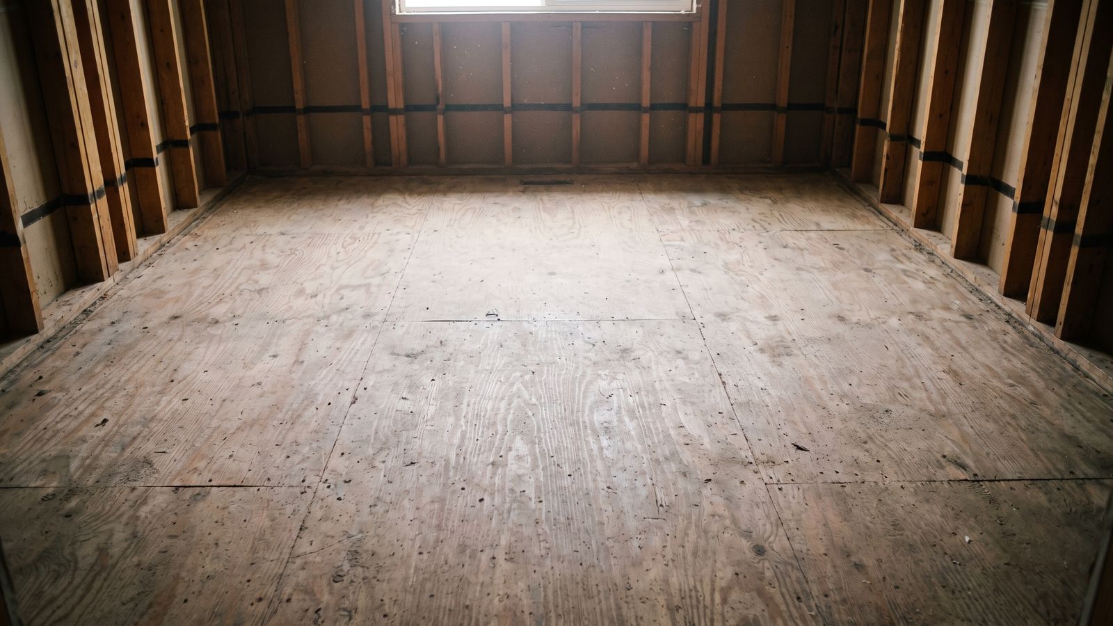 A stripped subfloor in a flood-affected room A dust- and debris-covered plywood subfloor stretching toward a window in a stripped wood-framed room.