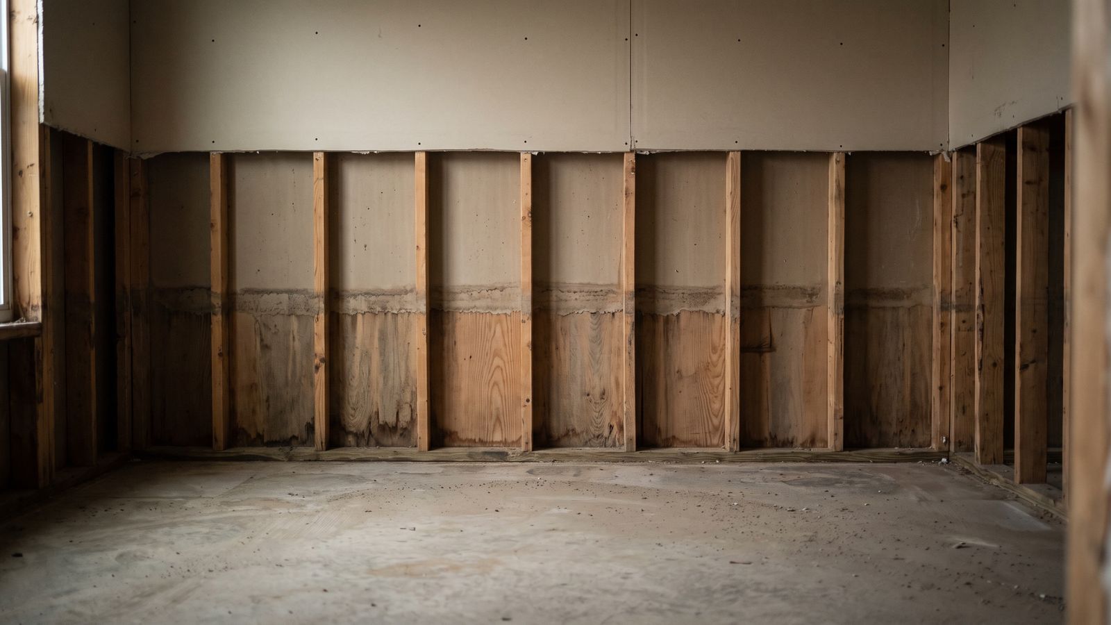 A tide line across a stripped flood wall A stripped wood-framed wall with a straight tide line staining the studs below the flood-cut drywall edge.