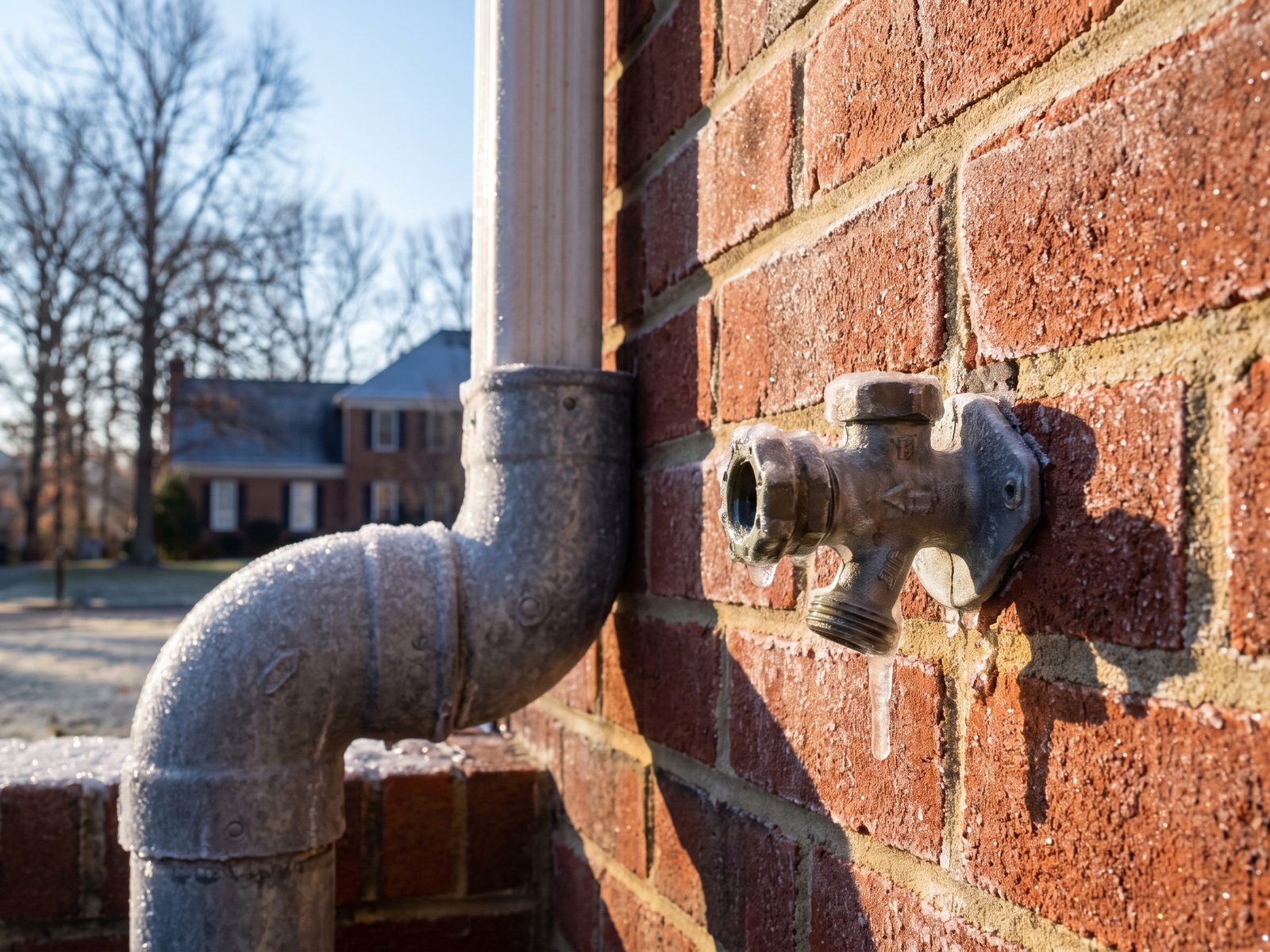 Frozen hose bib and downspout on a brick wall Frost-covered hose bib and ice-glazed downspout elbow against a brick wall on a hard winter morning.